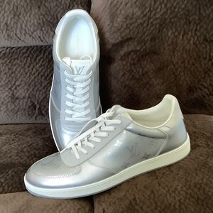 Louis Vuitton men’s Metallic Silver Letter Rivoli Monogram Snickers, Size 9 1/2